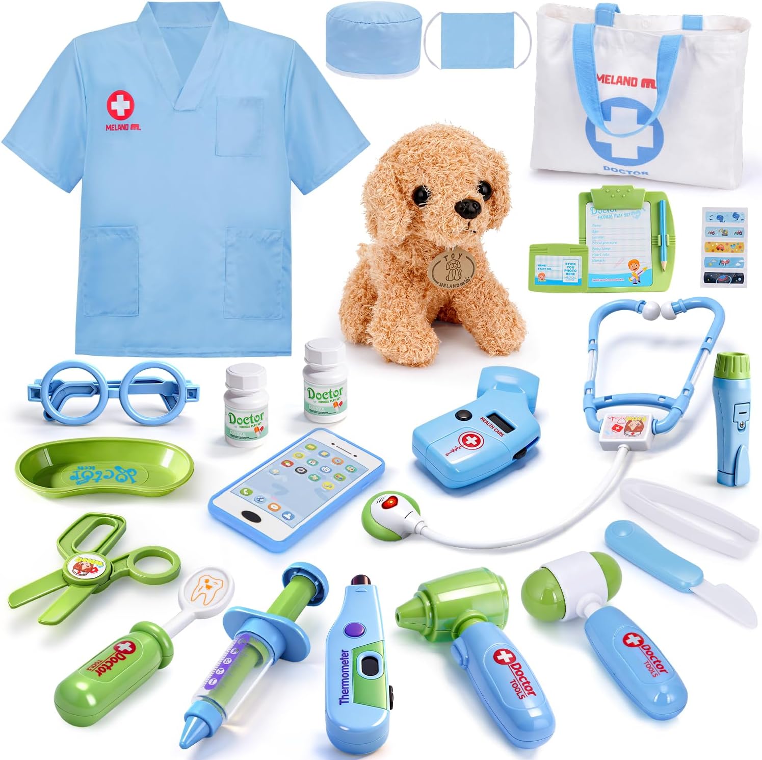 Meland Toy Doctor Kit for Kids - Pretend Play Doctor Set with Dog Toy, Carrying Bag, Stethoscope Toy & Dress Up Costume - Doctor Play Gift for Kids Toddlers Ages 3 4 5 6 Year Old for Role Play